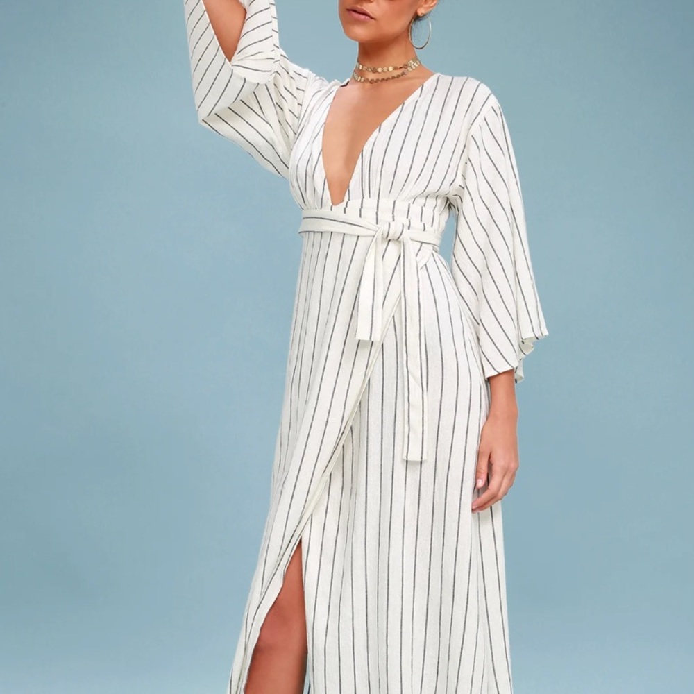 Robe Life Black and White Striped Wrap Midi Dress